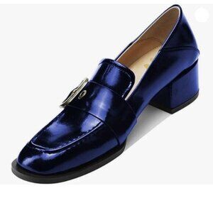 YDN Women Square Toe Heeled Loafers Slip on Block Low Heel Pumps Buckle Blue